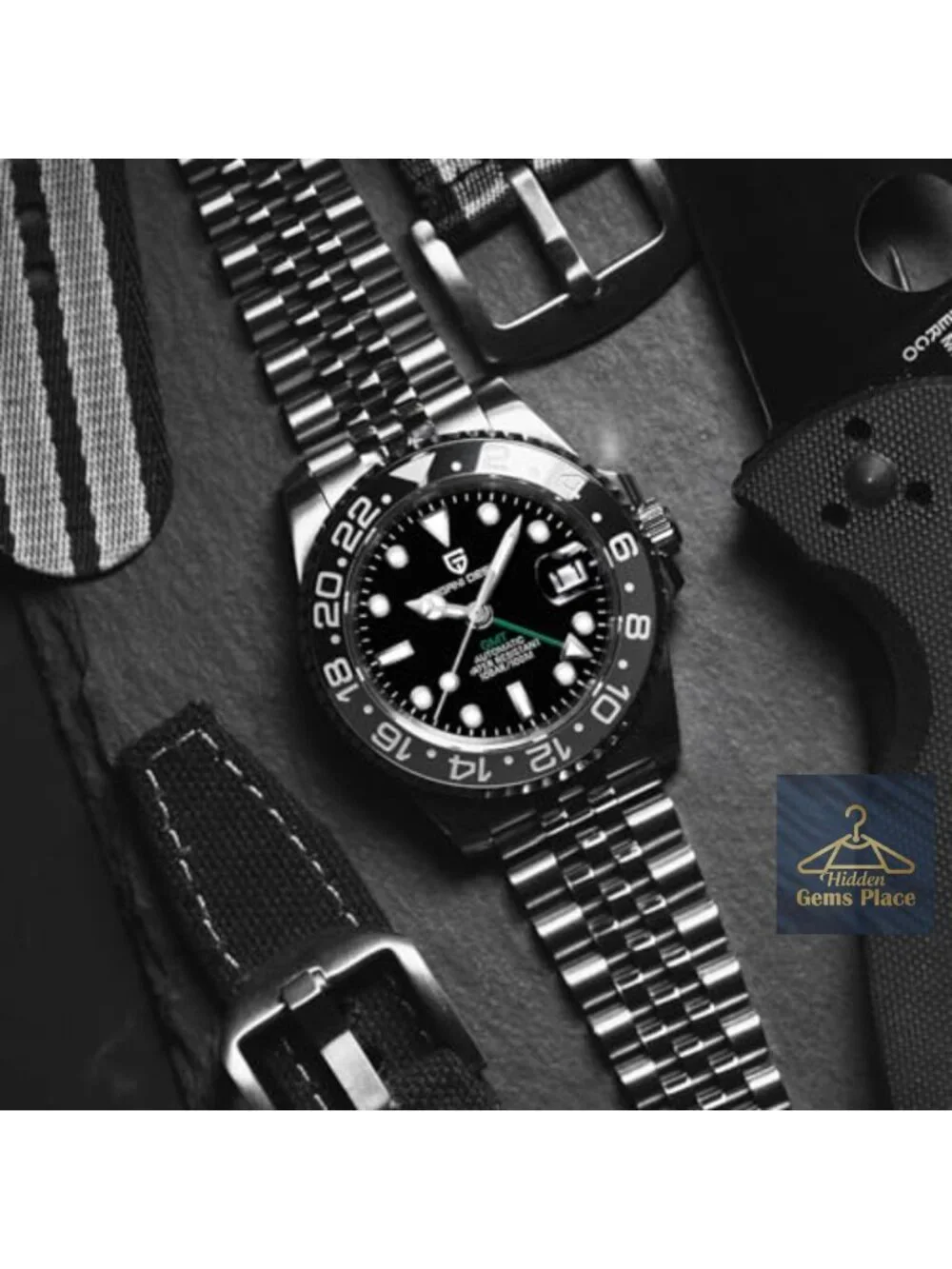 Men's Automatic GMT Watch Stainless Steel Sapphire 100M Waterproof Mechanical